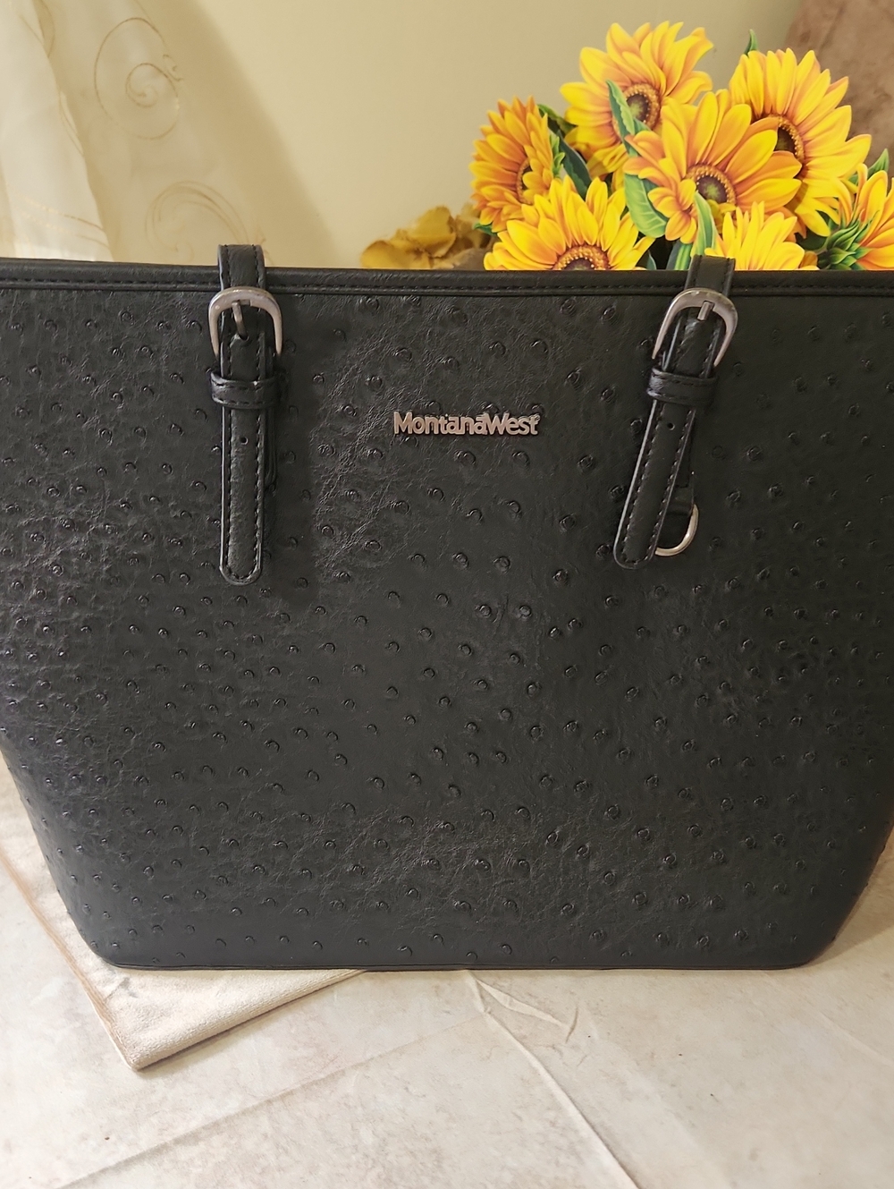 Montana West Black Ostrich-Embossed Tote with Buckle Straps